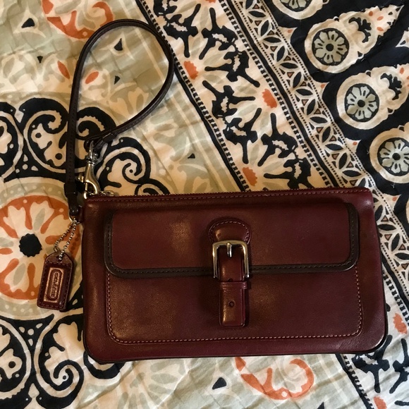 Maroon Coach Wristlet With Snap Front Closure and Zip Center Pocket - Picture 1 of 8